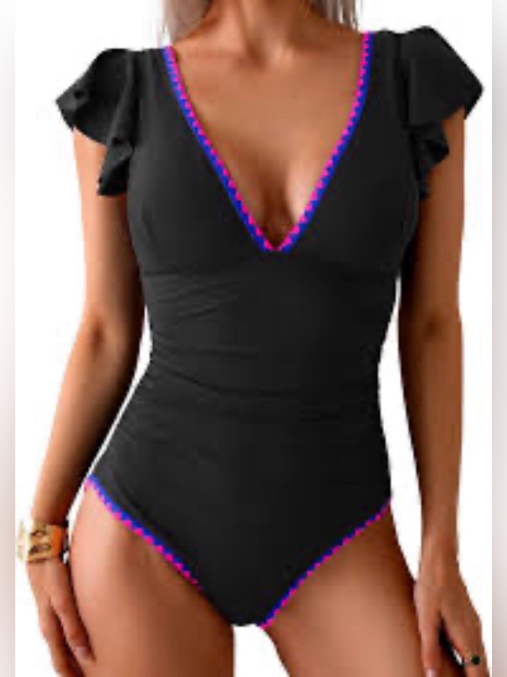 Aidonger Women's One Piece Ruffle Swimsuit Tummy Control Bathing Suit V Neck She